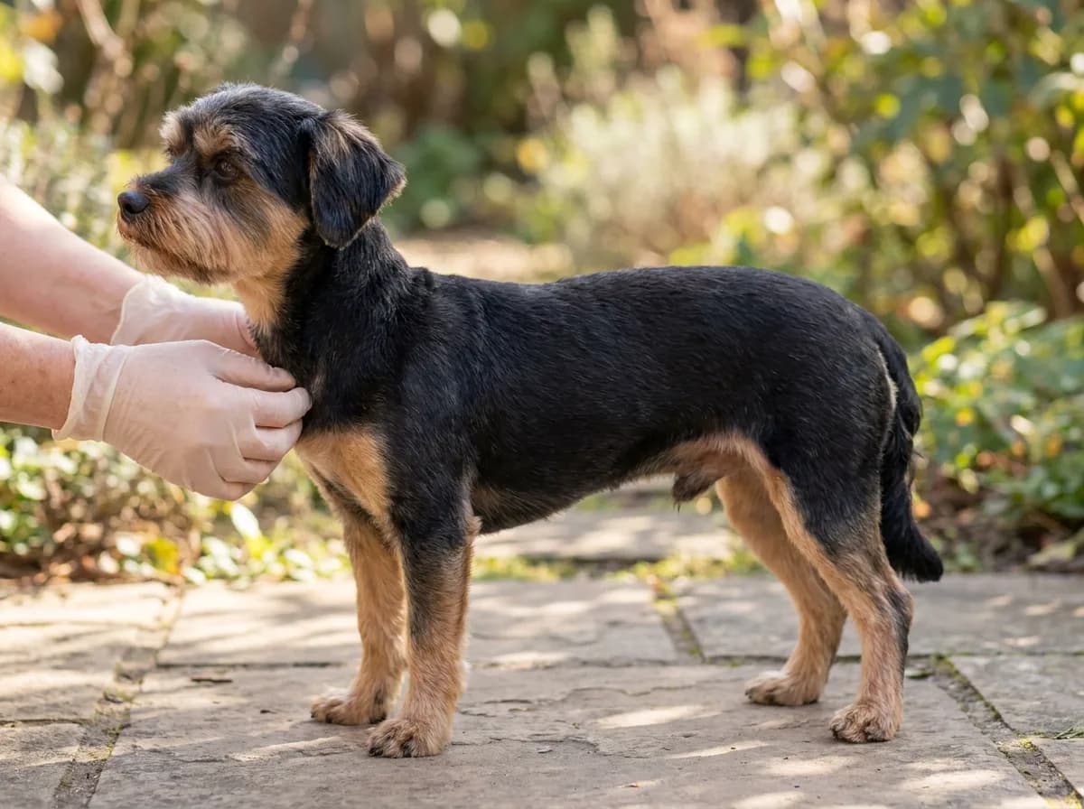 Black-and-tan dog with a short even body trim standing side on outdoors.