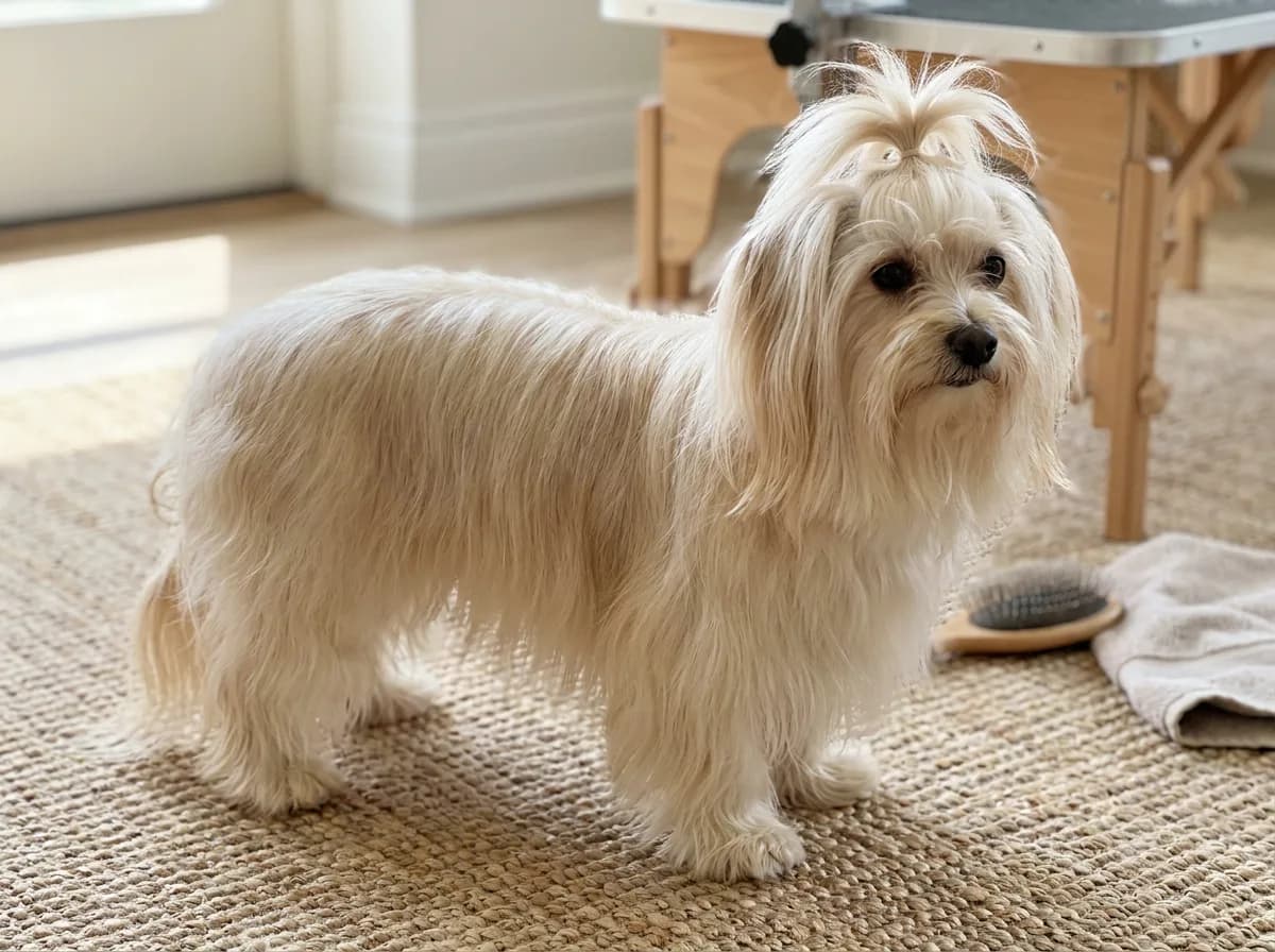 Cream dog with a long silky coat and a small topknot standing on a textured mat.