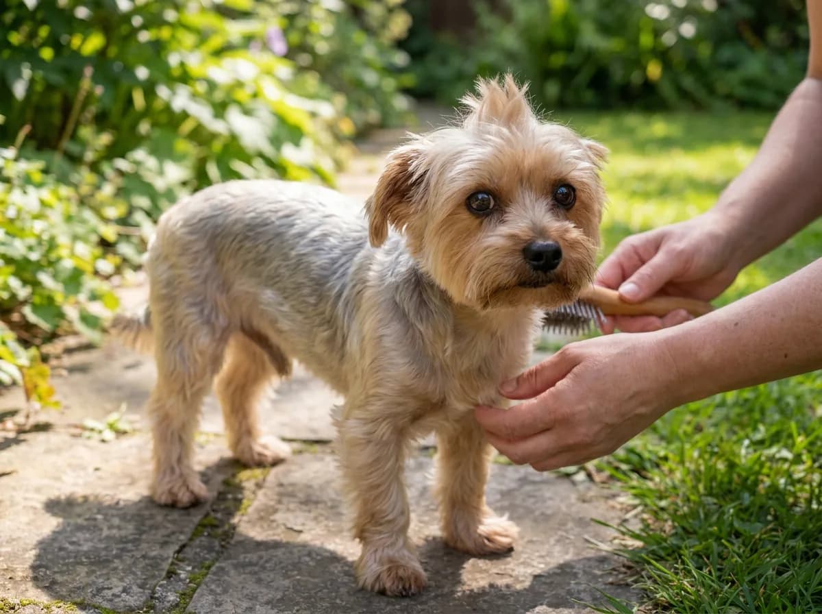 Gray-and-tan dog with a short upright tuft on its head being offered a treat outdoors.