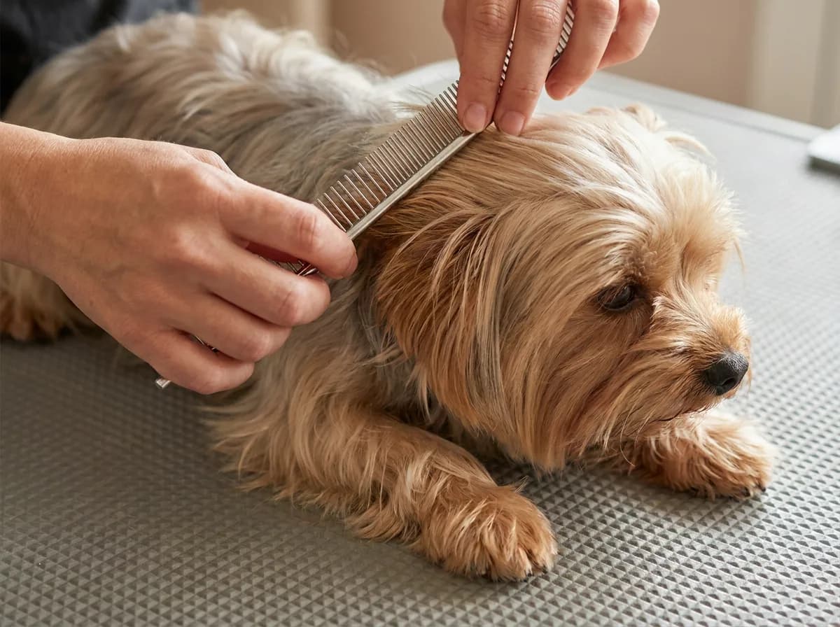 Person using a metal comb through a tan dog's shoulder hair while the dog lies on a nonslip mat.