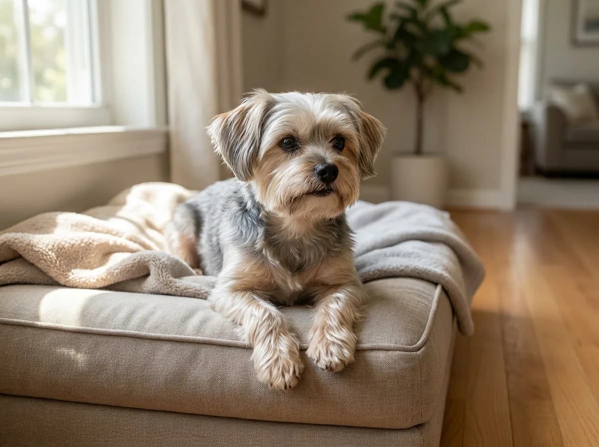 Gray-and-tan dog resting on a low cushioned bed in a living room.