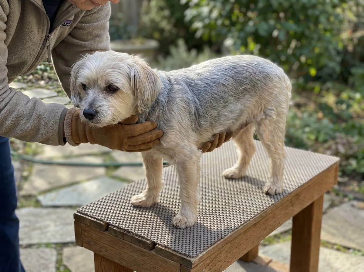Small gray dog standing on a low nonslip bench while a person supports its chest and body.