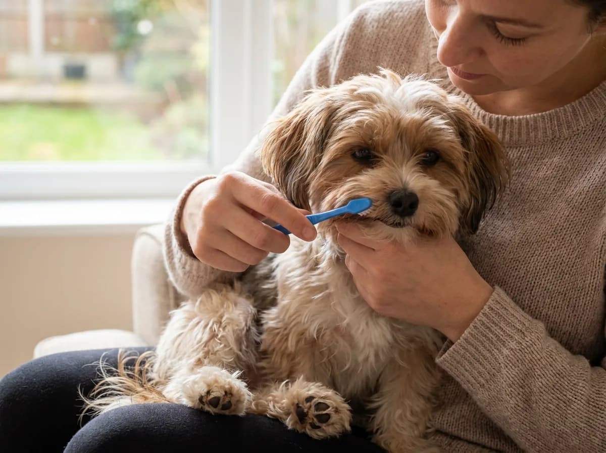 Person using a small blue toothbrush near a tan dog's mouth while the dog rests on their lap.