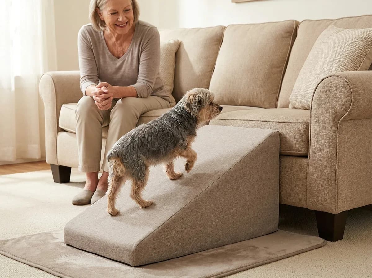 Small gray-and-tan dog walking up a broad carpeted ramp toward a sofa.