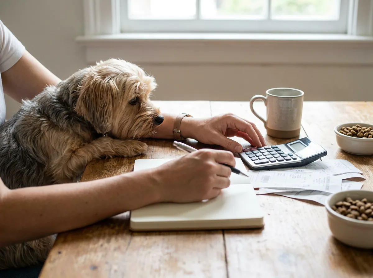 Small dog resting its chin beside a person using a calculator and notebook at a table.