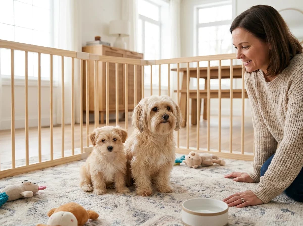Cream puppy and adult dog sitting in a wooden pen beside an attentive person.