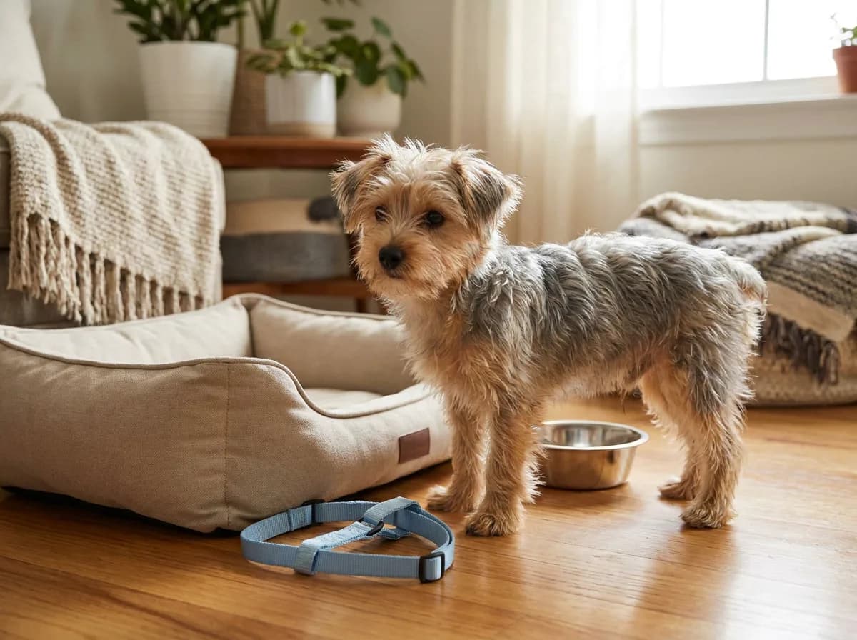 Small gray-and-tan dog standing beside a bed, harness, and metal bowl.