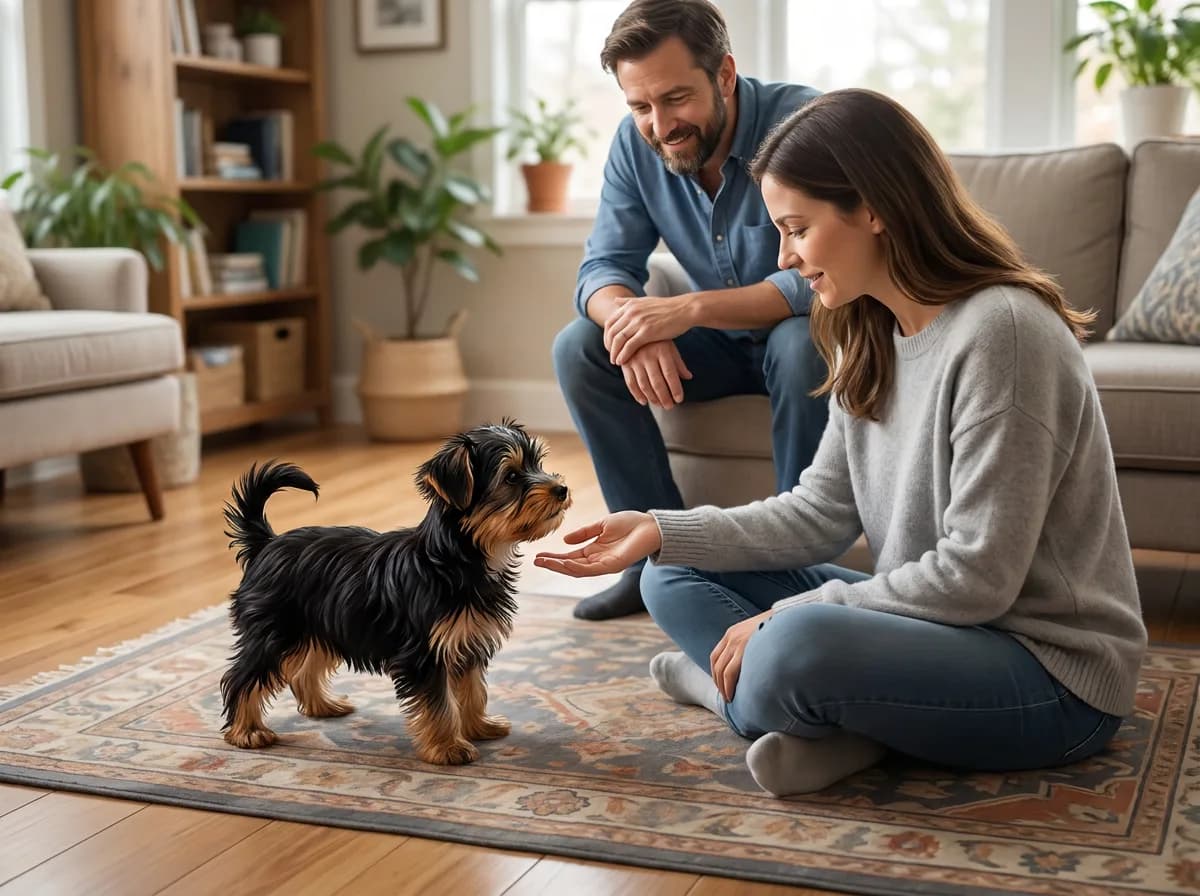 Small dark puppy greeting a seated person while another adult watches nearby.