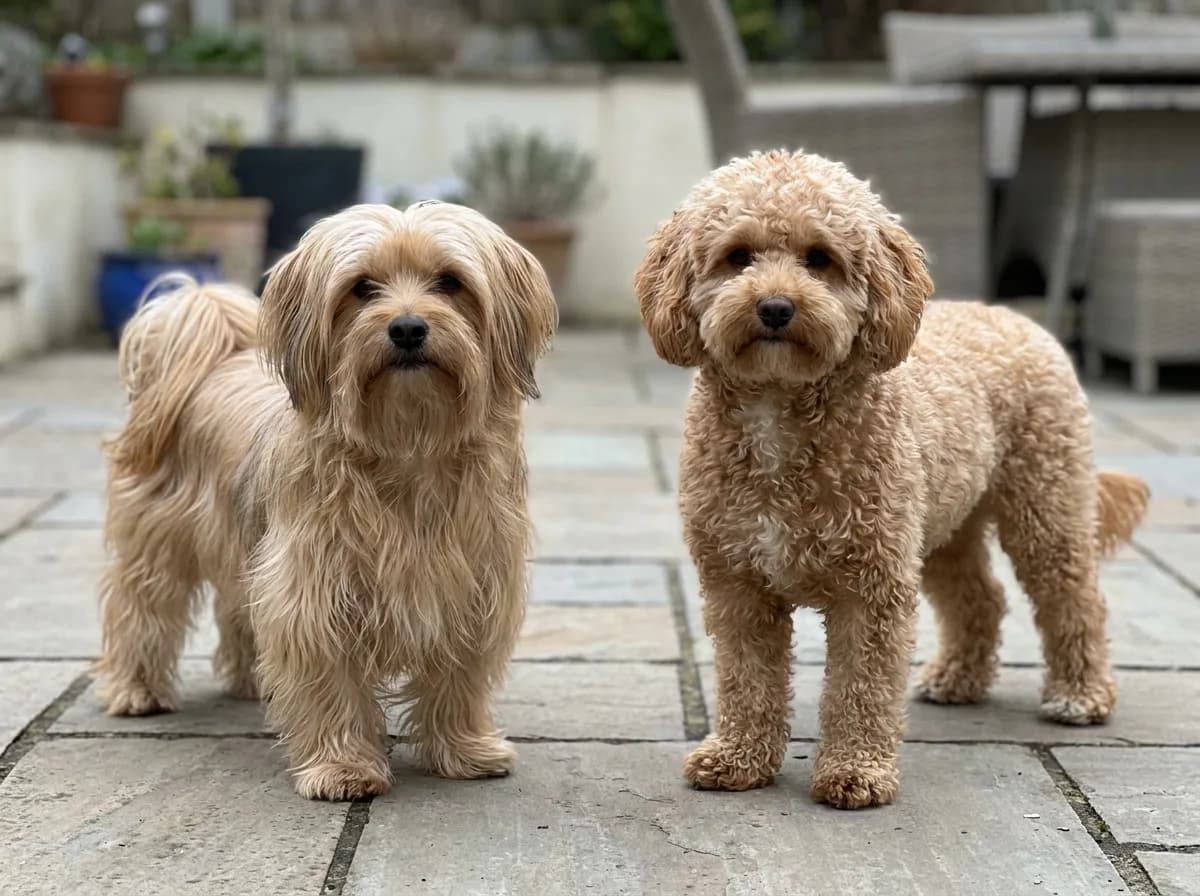 Silky-coated tan dog and curly apricot dog standing side by side on a patio.