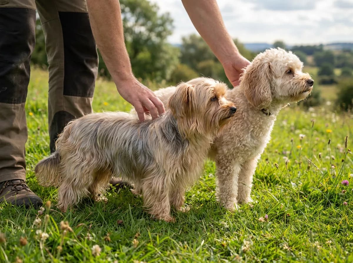 Silver-and-tan dog beside a taller cream curly-coated dog in grass near an adult's legs.