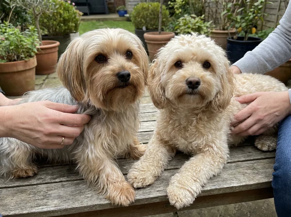 Silky-coated dog and wavy-coated cream dog resting side by side on an outdoor table.