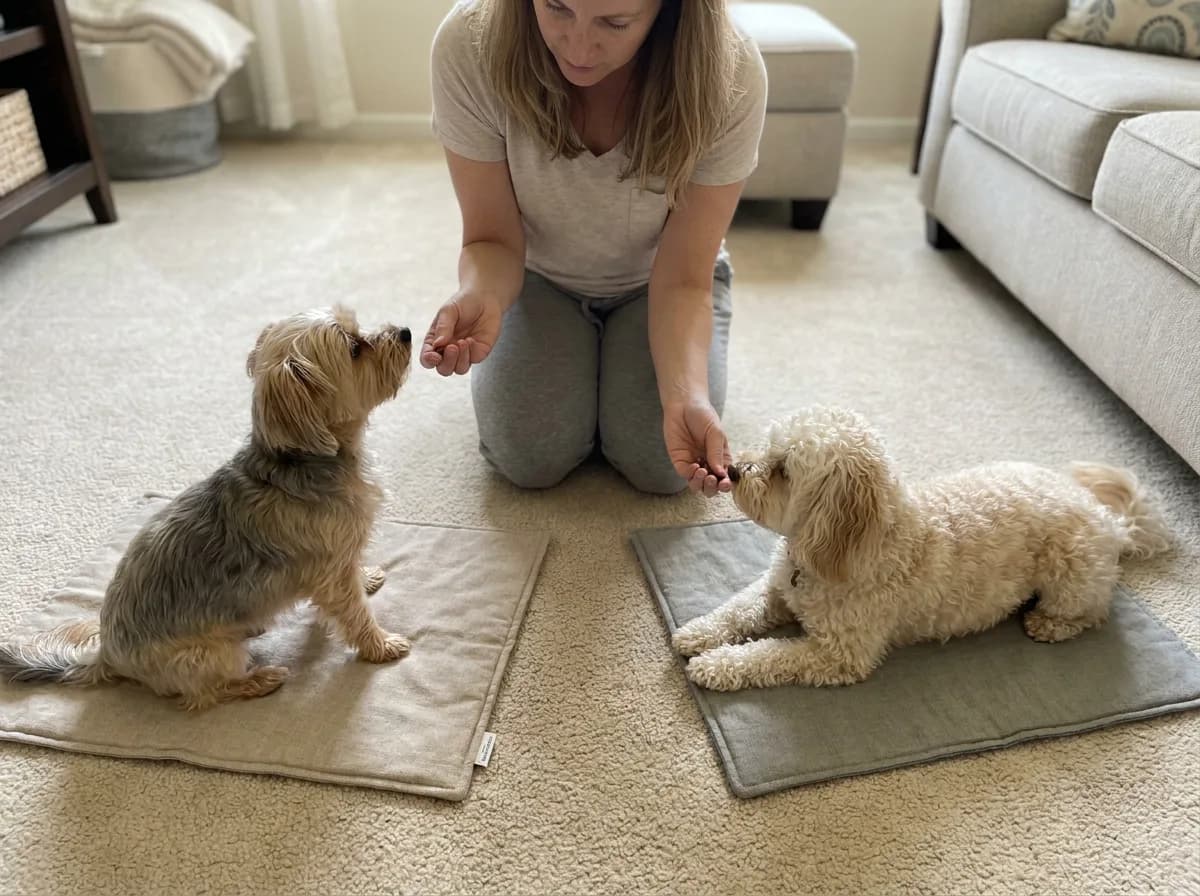 Person rewarding two small dogs on separate mats in a carpeted room.