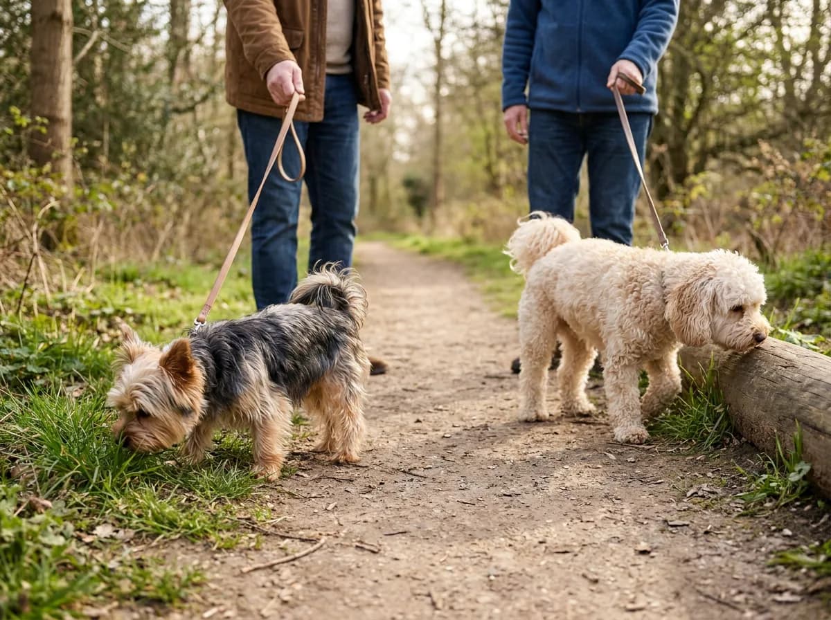 Two small dogs on loose leads exploring opposite sides of a woodland path.