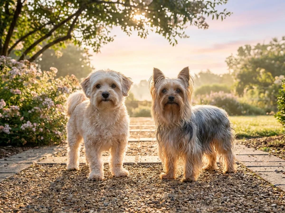 Cream dog and blue-and-tan Yorkshire Terrier standing side by side on a garden path.