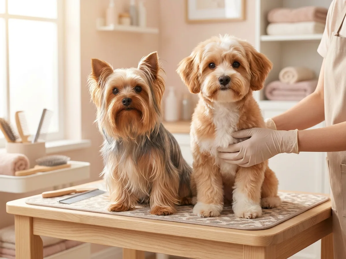 Long-coated Yorkshire Terrier beside a tan dog with a rounded pet trim on a grooming table.