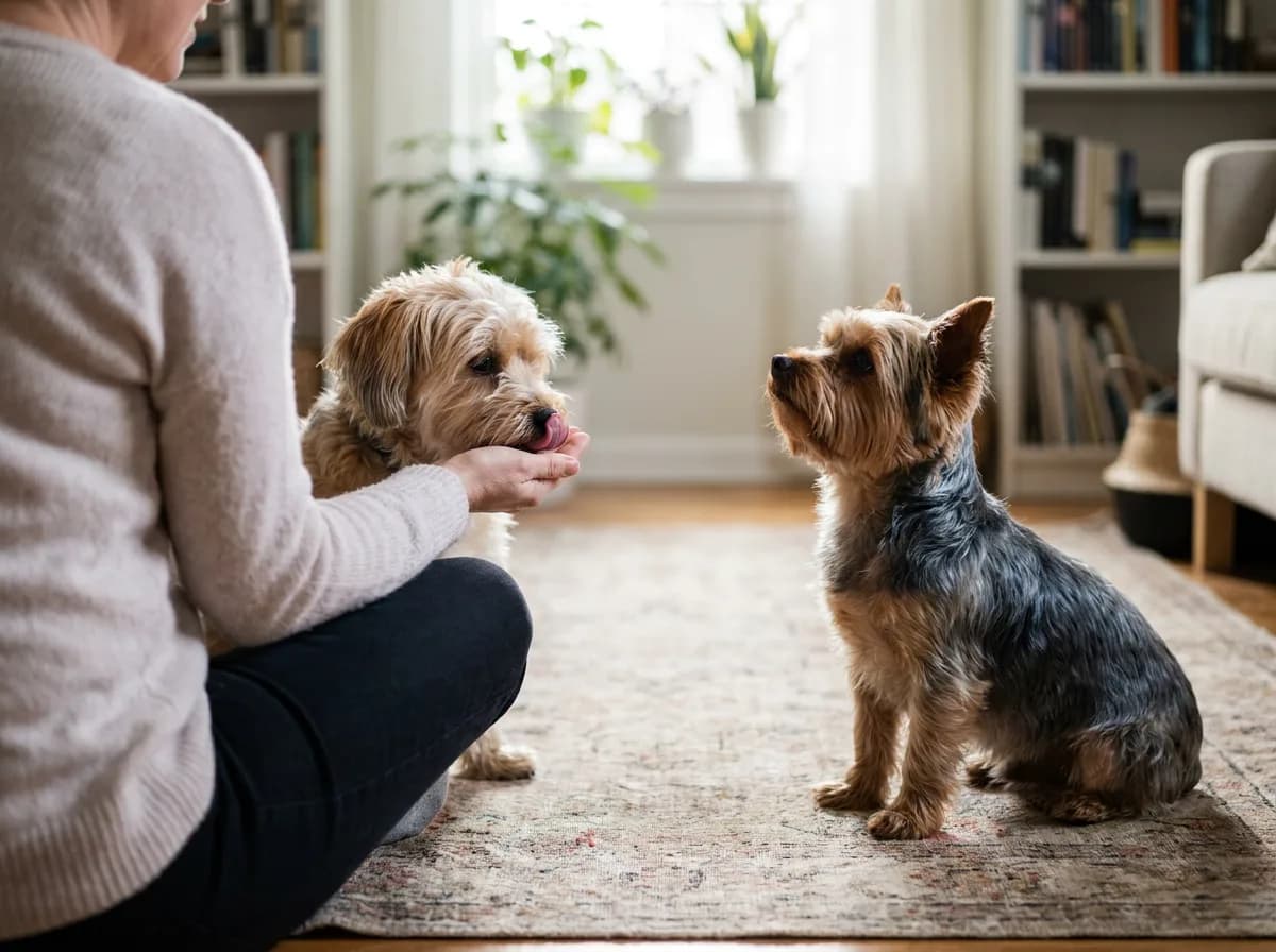 Person seated on the floor greeting a small mixed-breed dog with a Yorkshire Terrier nearby.