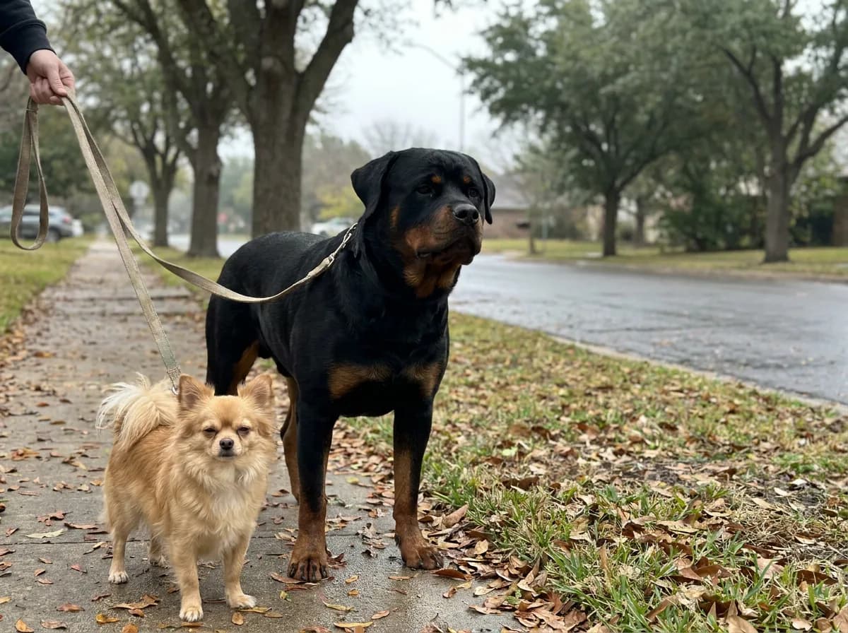 A long-haired tan Chihuahua and a black-and-tan Rottweiler stand side by side on a leaf-strewn suburban sidewalk while a person out of frame holds a leash.