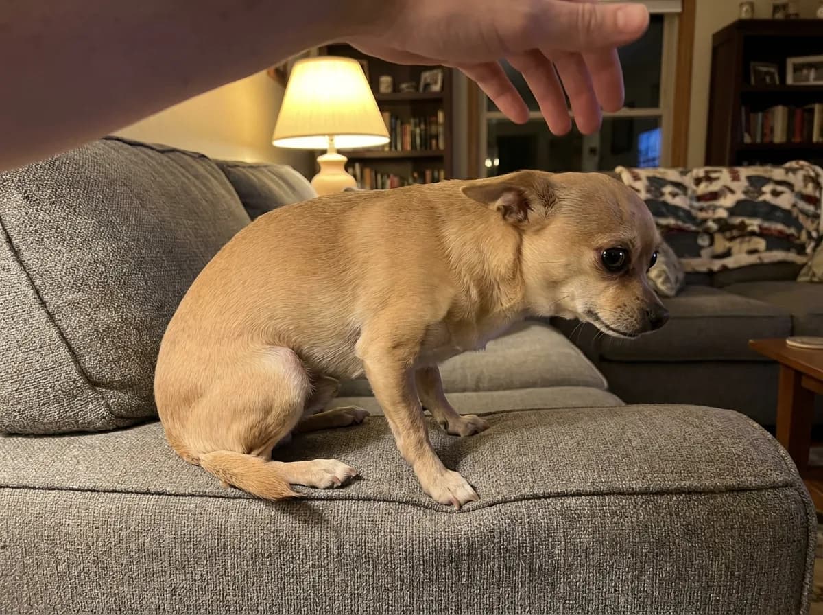 A fawn Chihuahua crouches on the arm of a gray sofa and leans away from a hand reaching toward its head, with its tail tucked and the whites of its eyes showing.