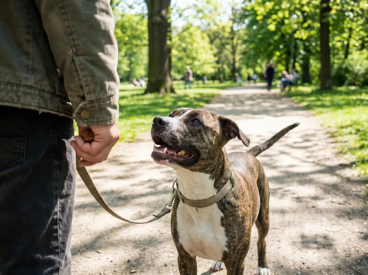 A brindle-and-white dog on a leash looks up with an open, relaxed mouth at a person in a denim jacket holding a treat on a sunny park path.