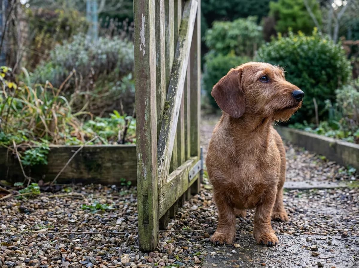 A red wire-haired Dachshund stands on gravel beside a weathered wooden garden gate, looking alertly off to the side.