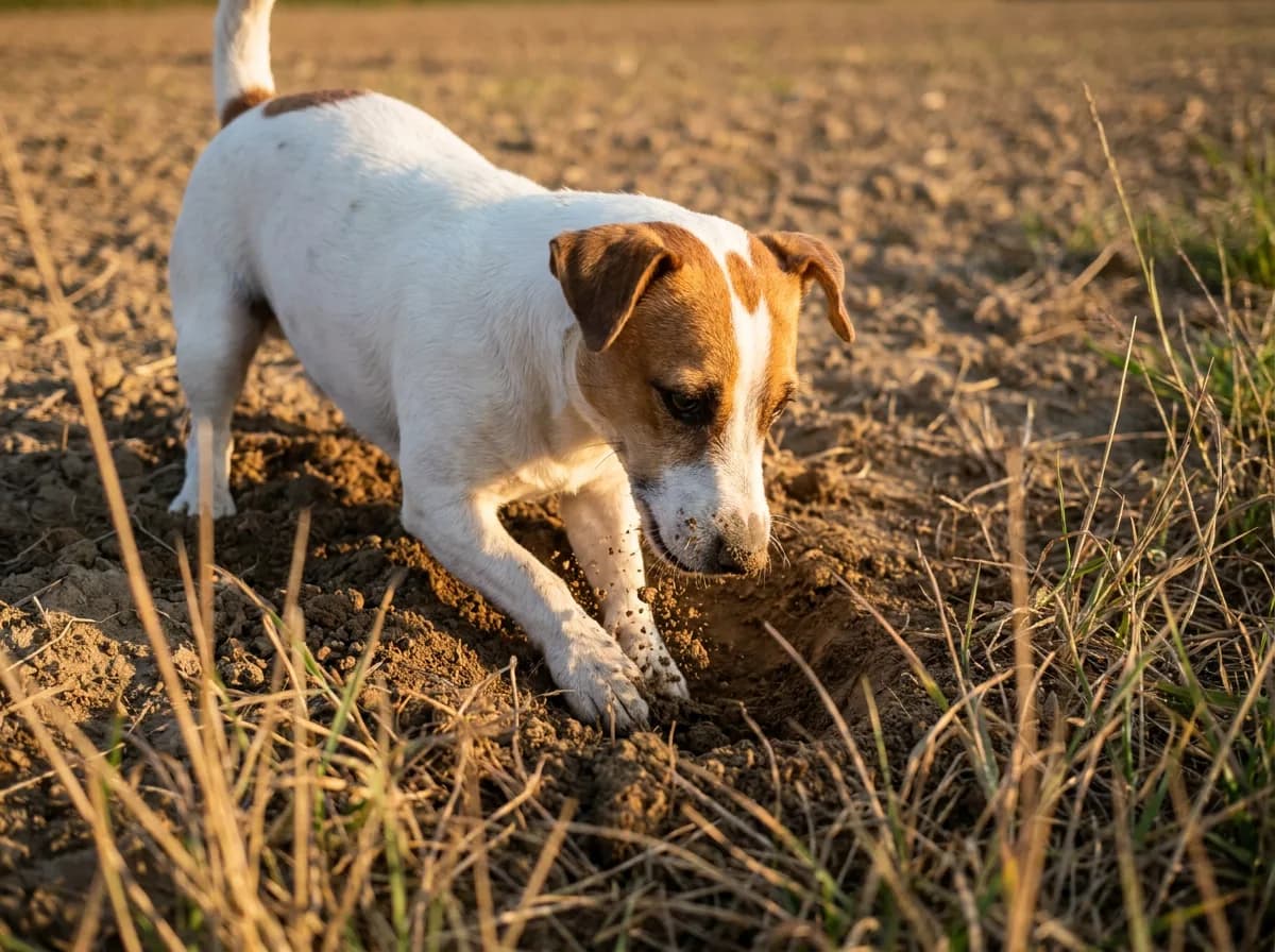A white Jack Russell Terrier with tan markings on its head digs nose-down in bare dirt at the edge of a field, with soil on its muzzle.