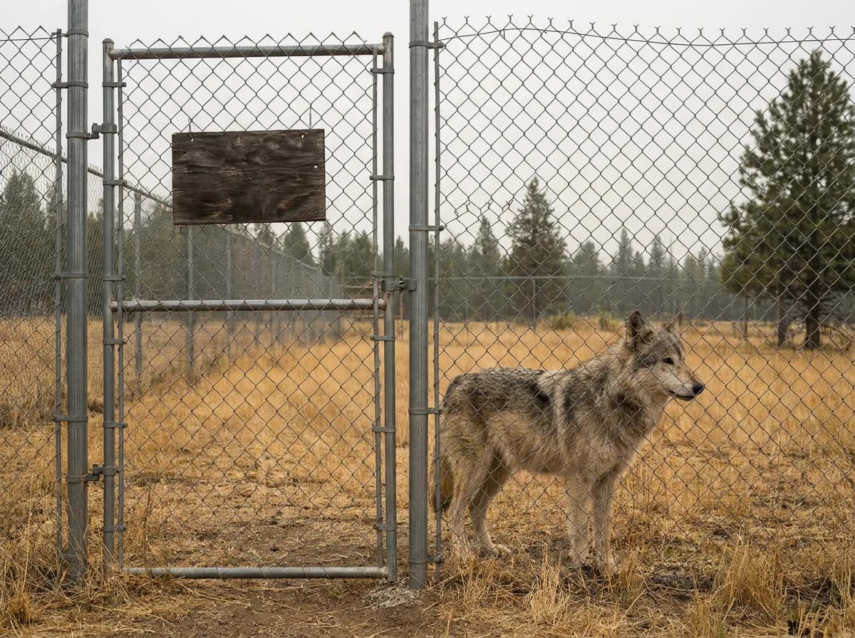 A gray-and-tan wolf-like dog stands calmly behind chain-link fencing in a large dry-grass enclosure, with a blank wooden sign hanging on the gate.