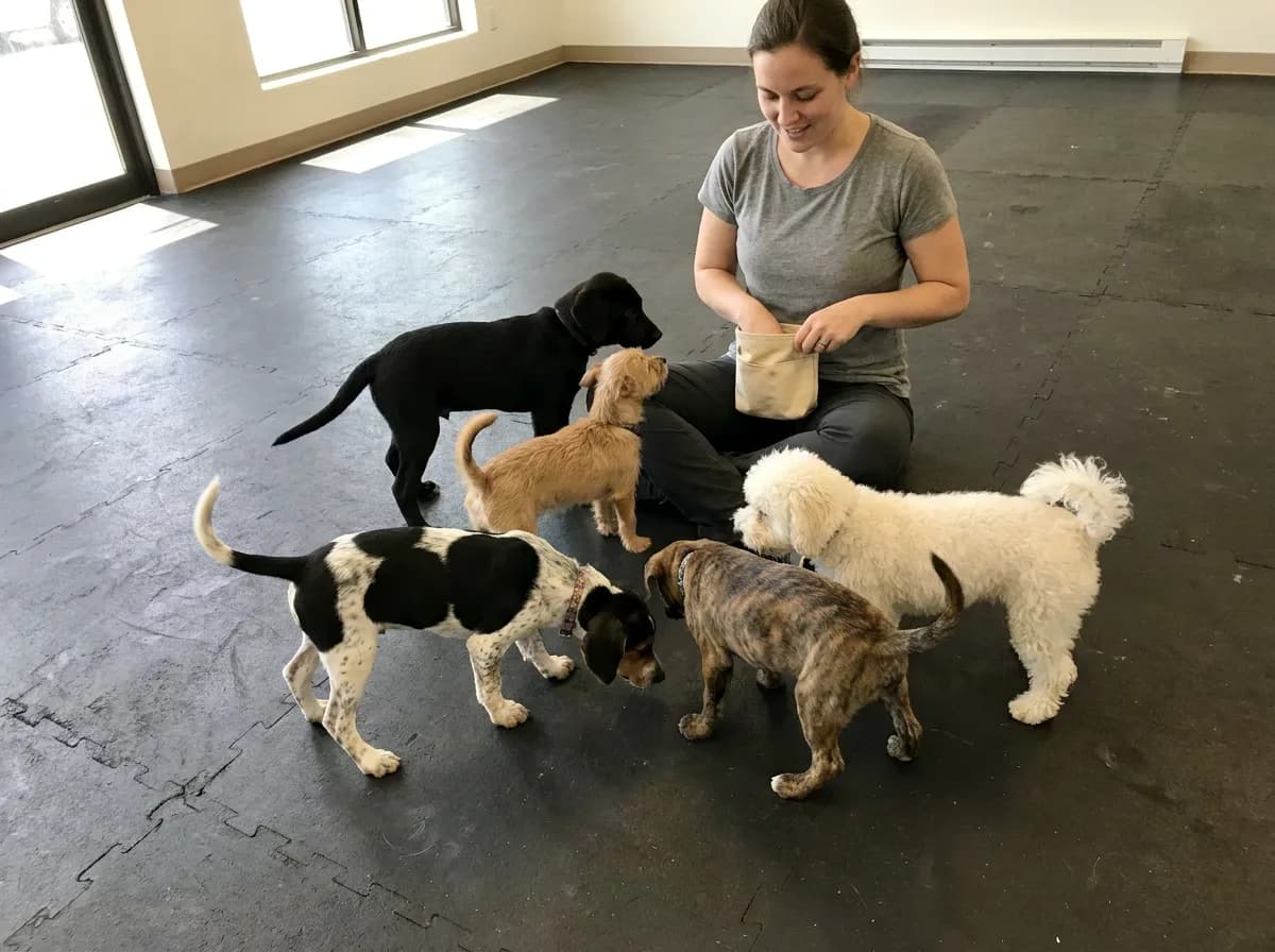 A trainer in a plain gray shirt sits on the floor of a training room with a canvas treat pouch while five puppies of different breeds sniff and mill around her.