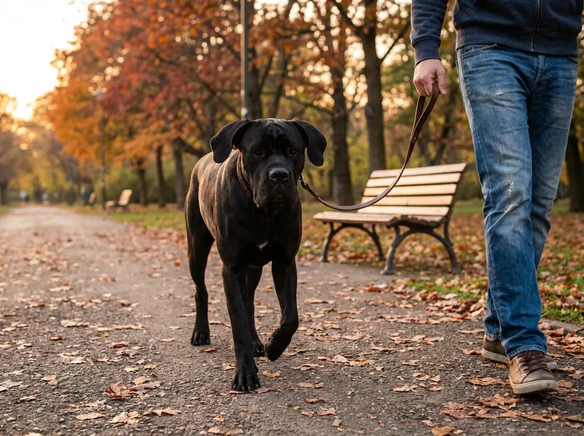 A black Cane Corso with floppy ears walks on a loose leash beside a person in jeans along an autumn park path past a wooden bench.