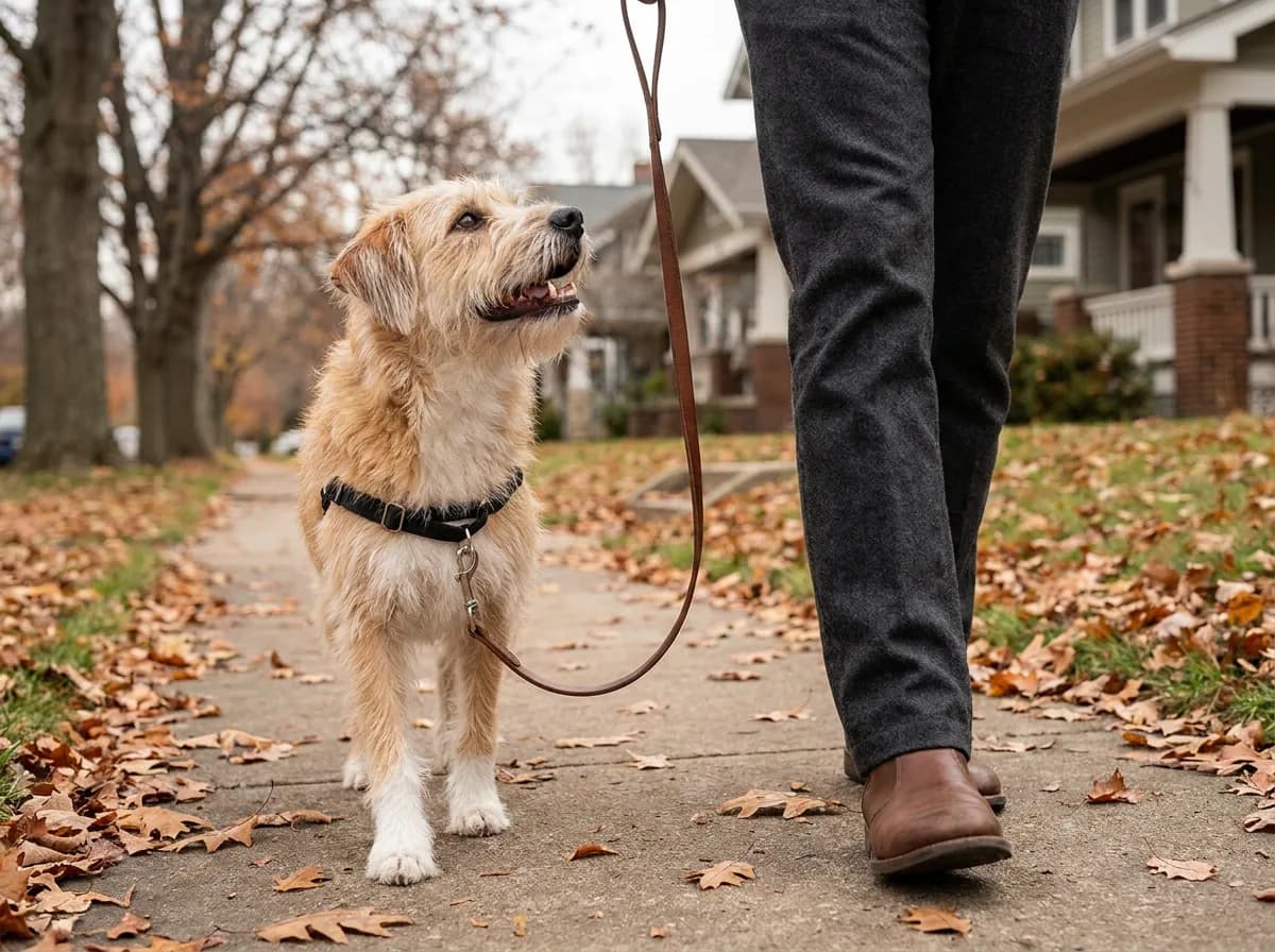 A scruffy tan-and-white mixed-breed dog in a black harness walks on a loose leash beside its owner's legs on a leaf-covered suburban sidewalk, looking up at the owner.