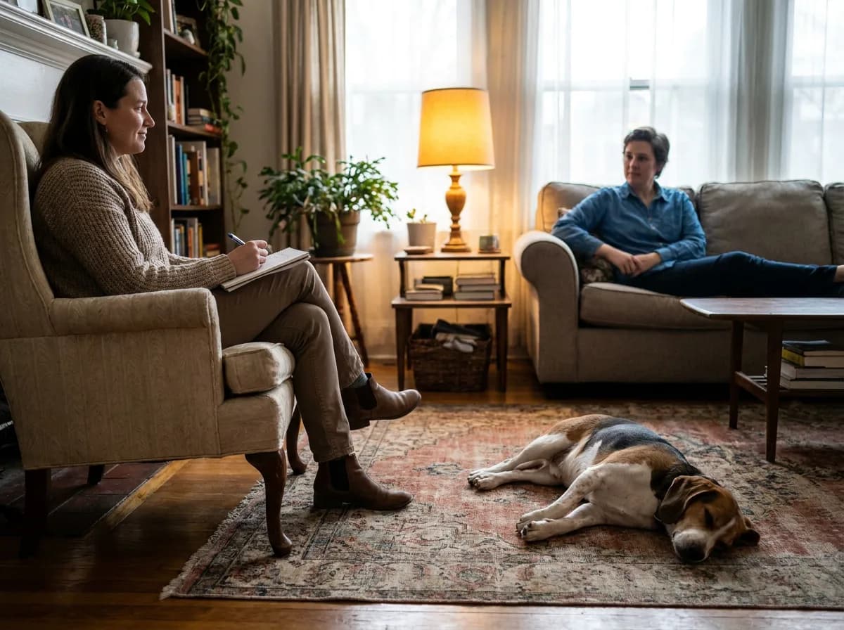 A woman in an armchair writes in a notebook while a beagle-type dog sleeps on a patterned rug and another person sits on a sofa in the background of a living room.