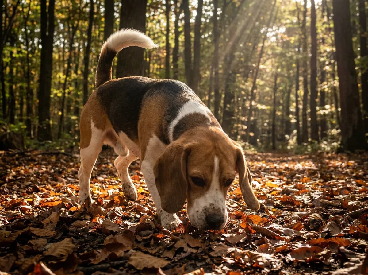 Tricolor Beagle nose to the ground following a scent across a leaf-strewn forest floor