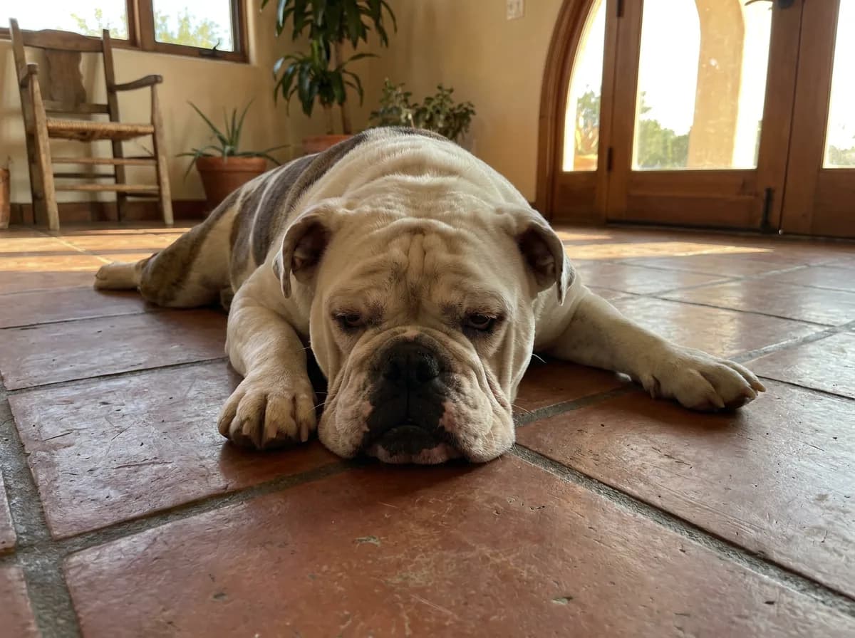 English Bulldog resting on a cool tile floor by a sunlit doorway