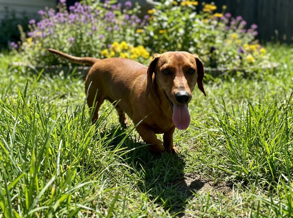 Smooth-coated red Dachshund walking through tall garden grass toward the camera