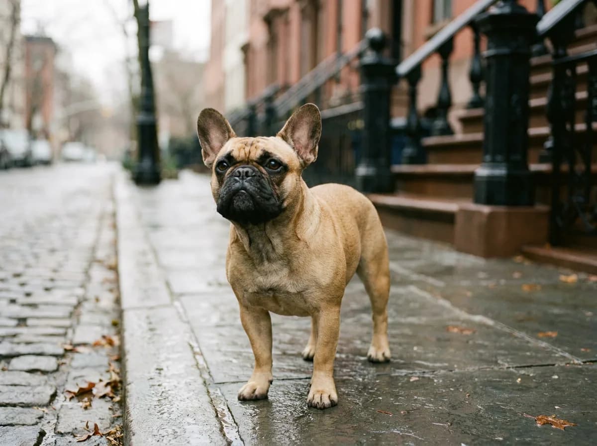 Fawn French Bulldog with black mask standing on a city sidewalk looking up at the camera
