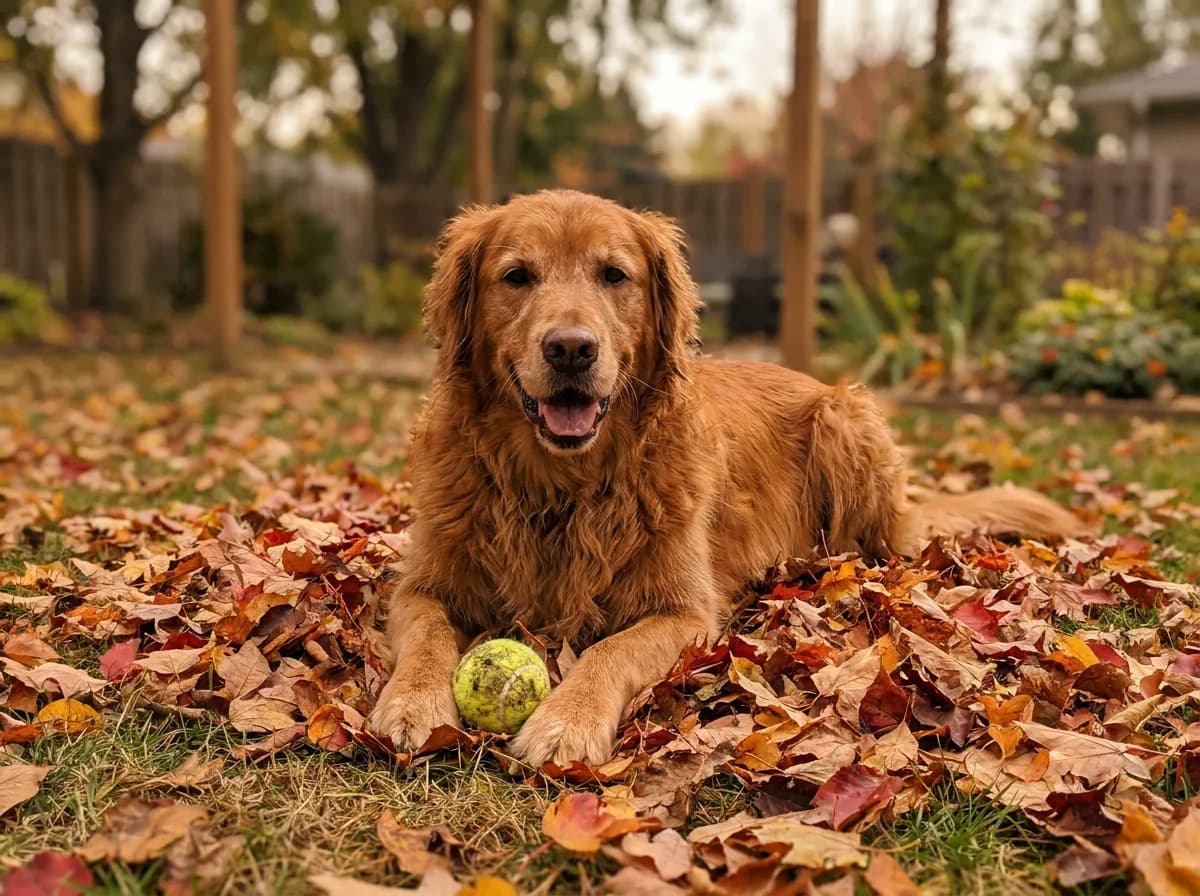 Golden Retriever lying in autumn leaves in a backyard holding a tennis ball between its paws