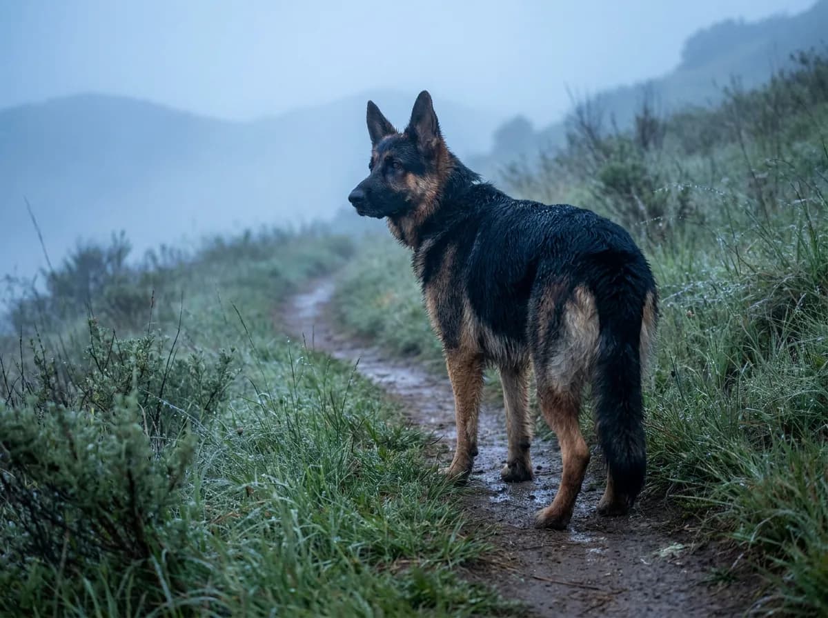 German Shepherd Dog standing alert on a hillside trail in cool morning mist
