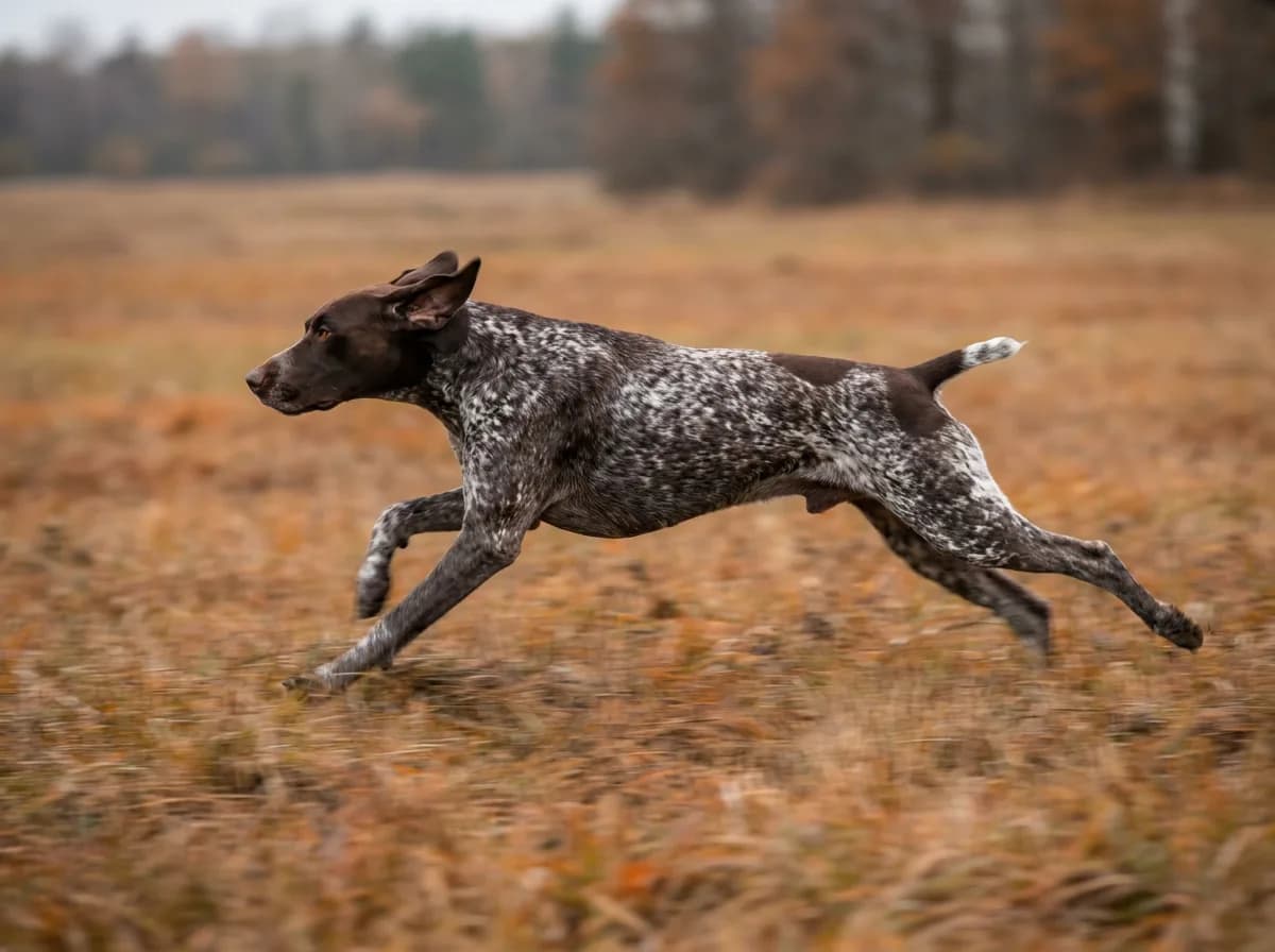 German Shorthaired Pointer running through open field with liver-ticked coat visible