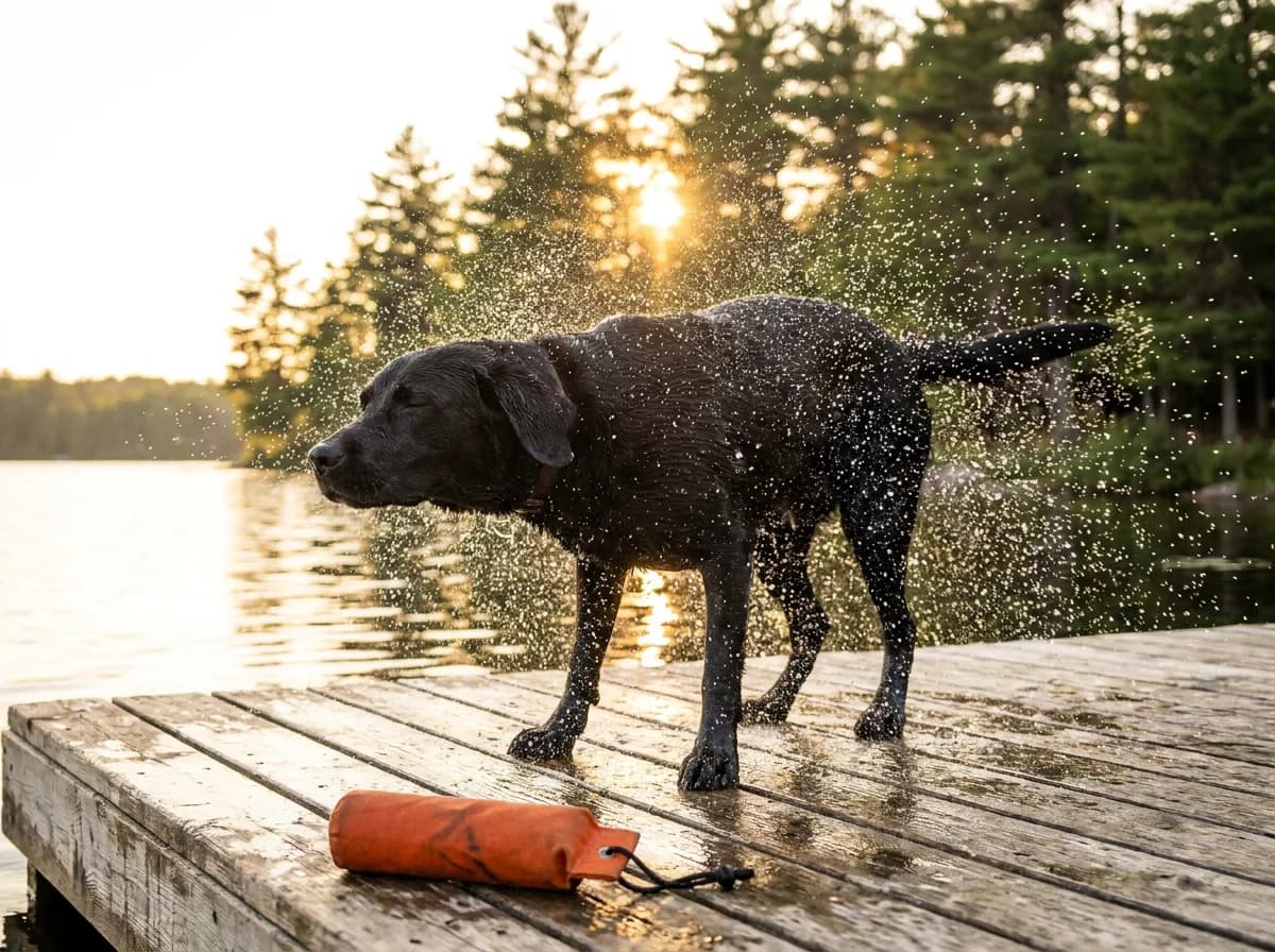 Black Labrador Retriever shaking off lake water on a dock with a retrieving dummy nearby