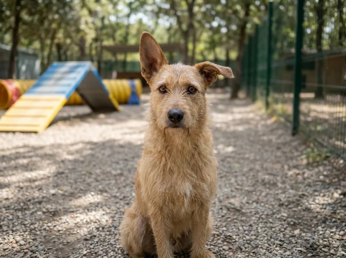 Tan mixed-breed dog with one floppy ear sitting in a shelter meet-and-greet yard