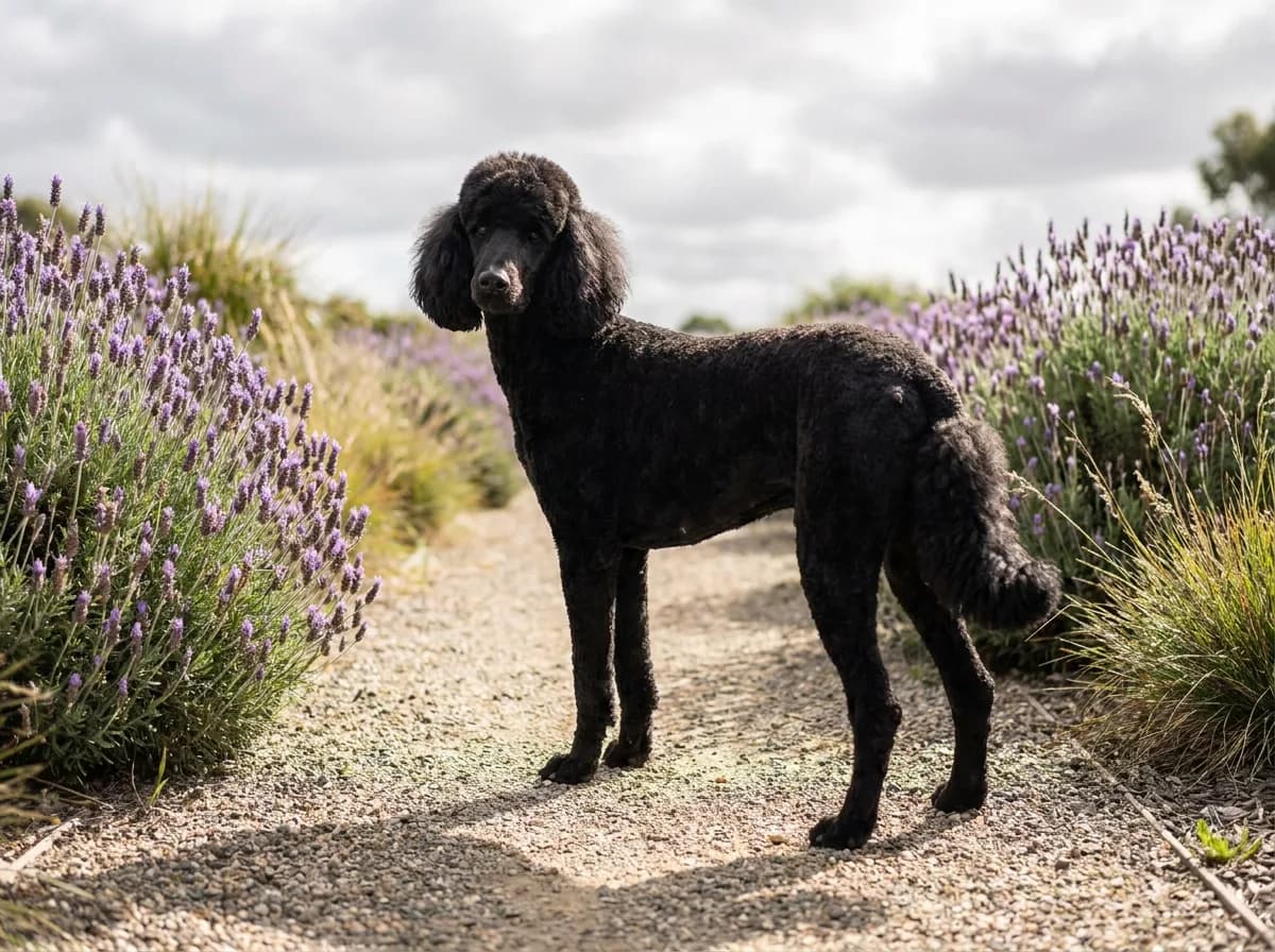 Black Standard Poodle with a natural sporting clip standing beside a garden path