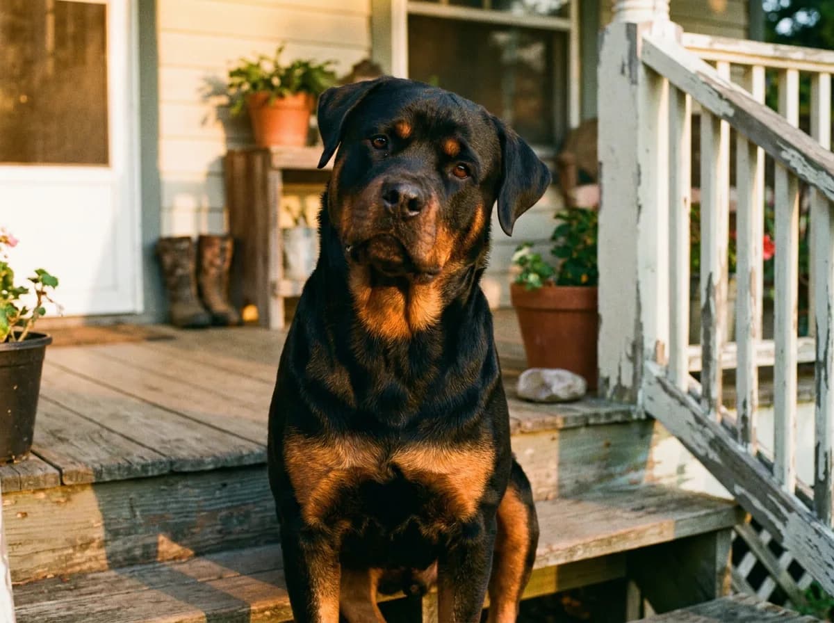 Rottweiler sitting calmly on farmhouse porch steps in warm evening light