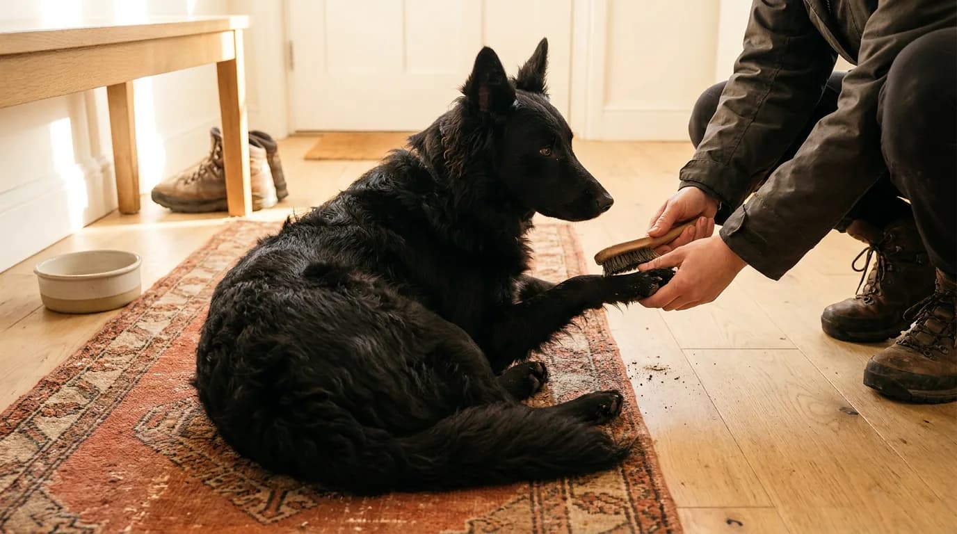 Black wavy-coated herding dog resting while an adult gently handles its front paw.