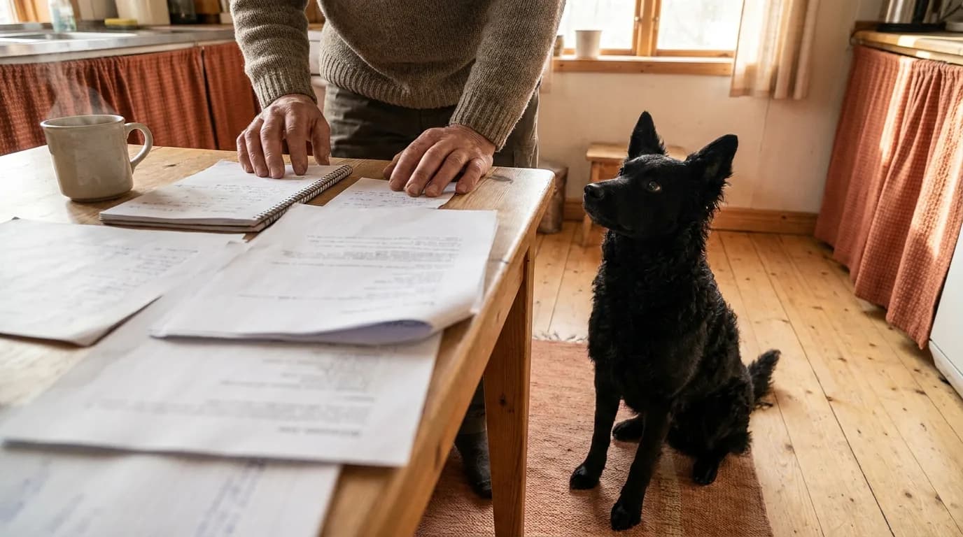 Black herding dog beside an adult reviewing papers at a kitchen table.
