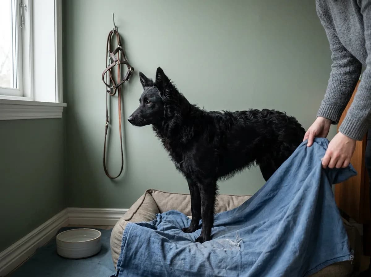 Black herding dog standing on a bed beside a bowl and hanging walking equipment.