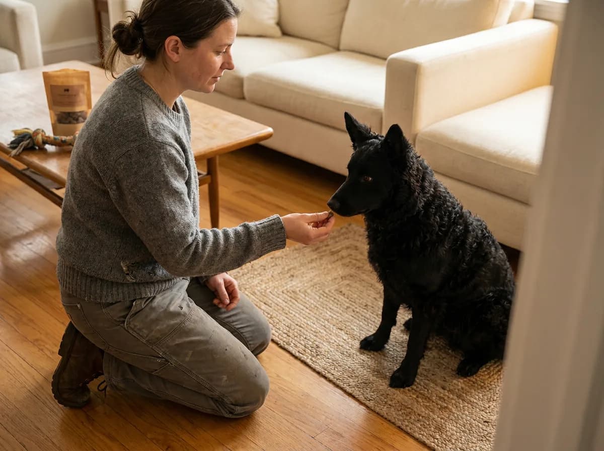 Adult offering a reward to a seated black herding dog at home.