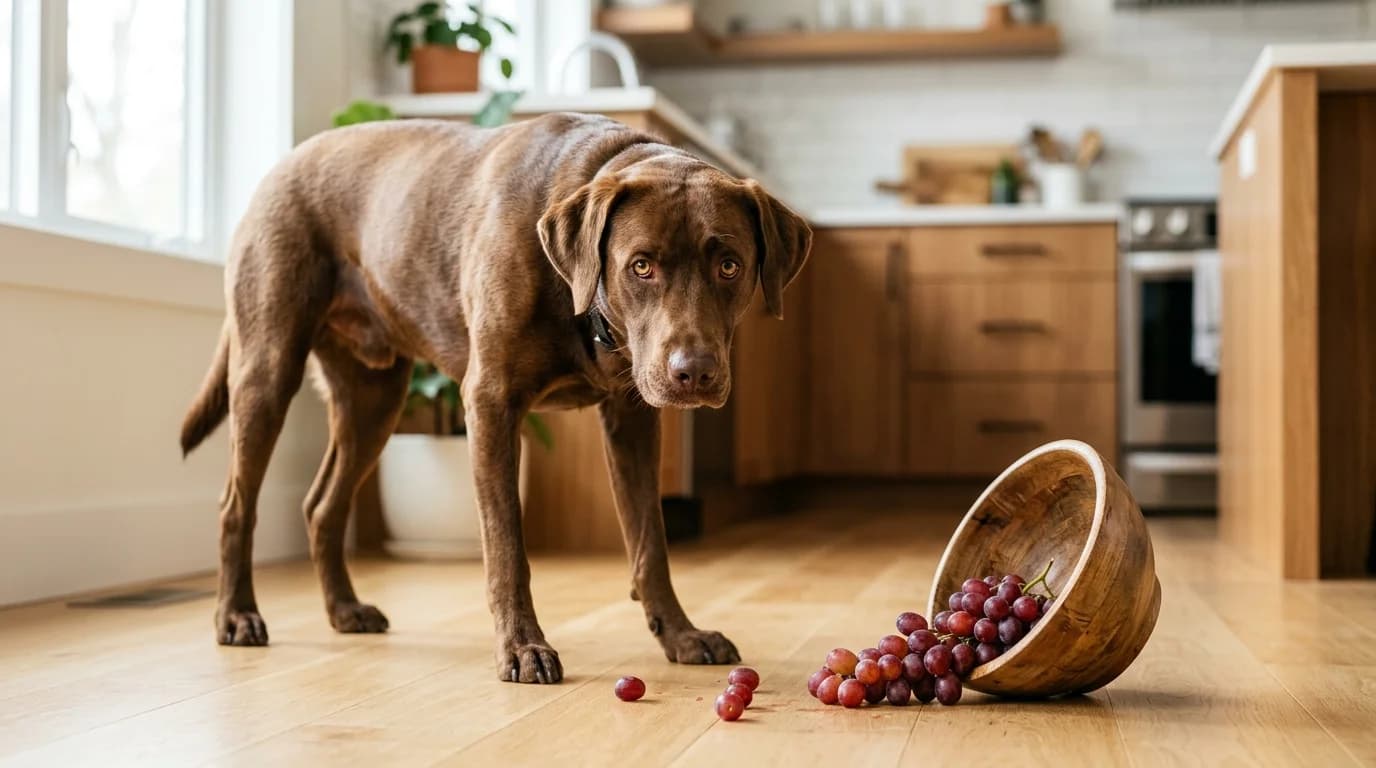 Concerned chocolate Labrador standing next to a tipped-over wooden bowl of spilled red grapes on a kitchen floor (emergency grape ingestion scenario)