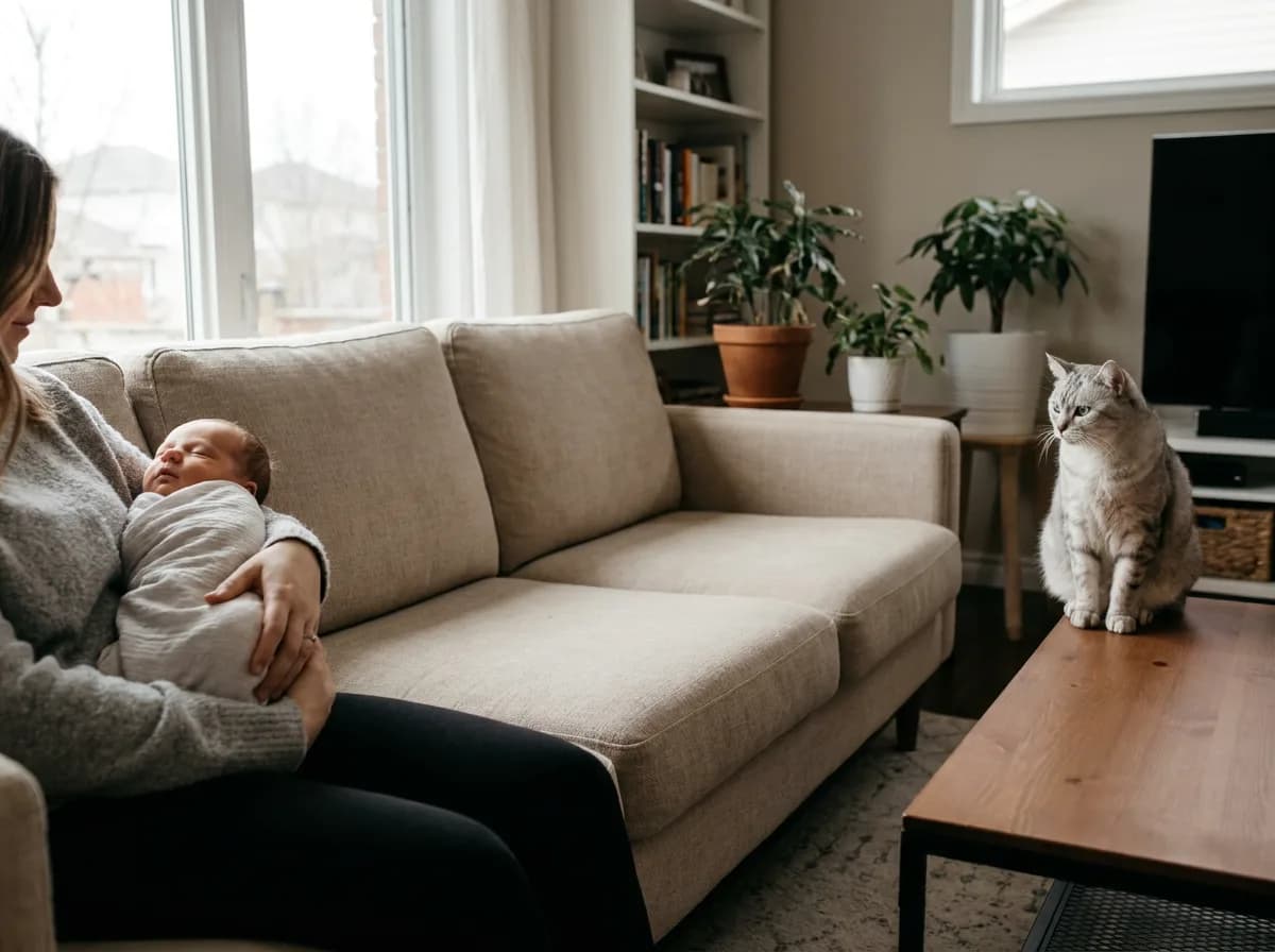A parent holding a swaddled newborn on a beige sofa while a silver tabby cat sits calmly on the coffee table nearby.