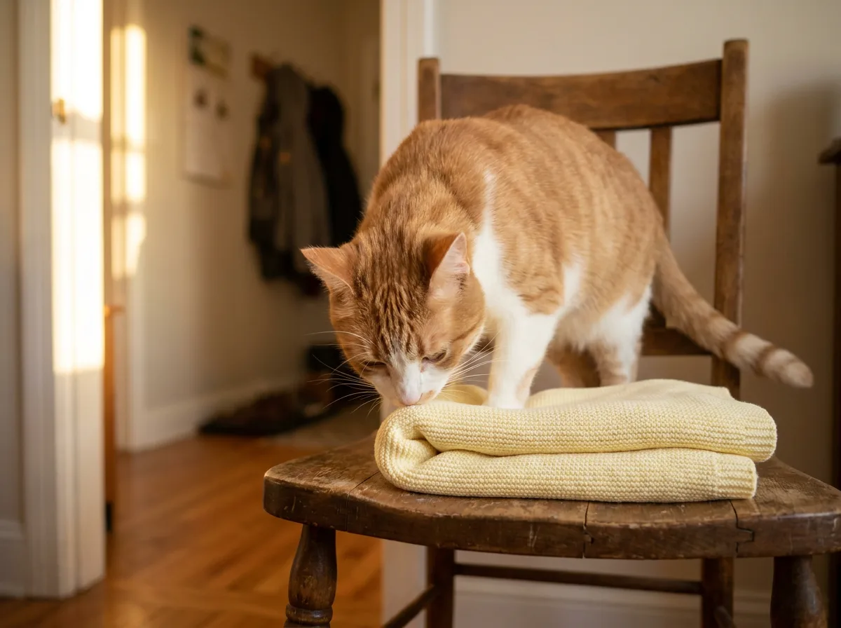 An orange and white cat sniffing a folded yellow baby blanket on a wooden chair in a sunlit hallway.
