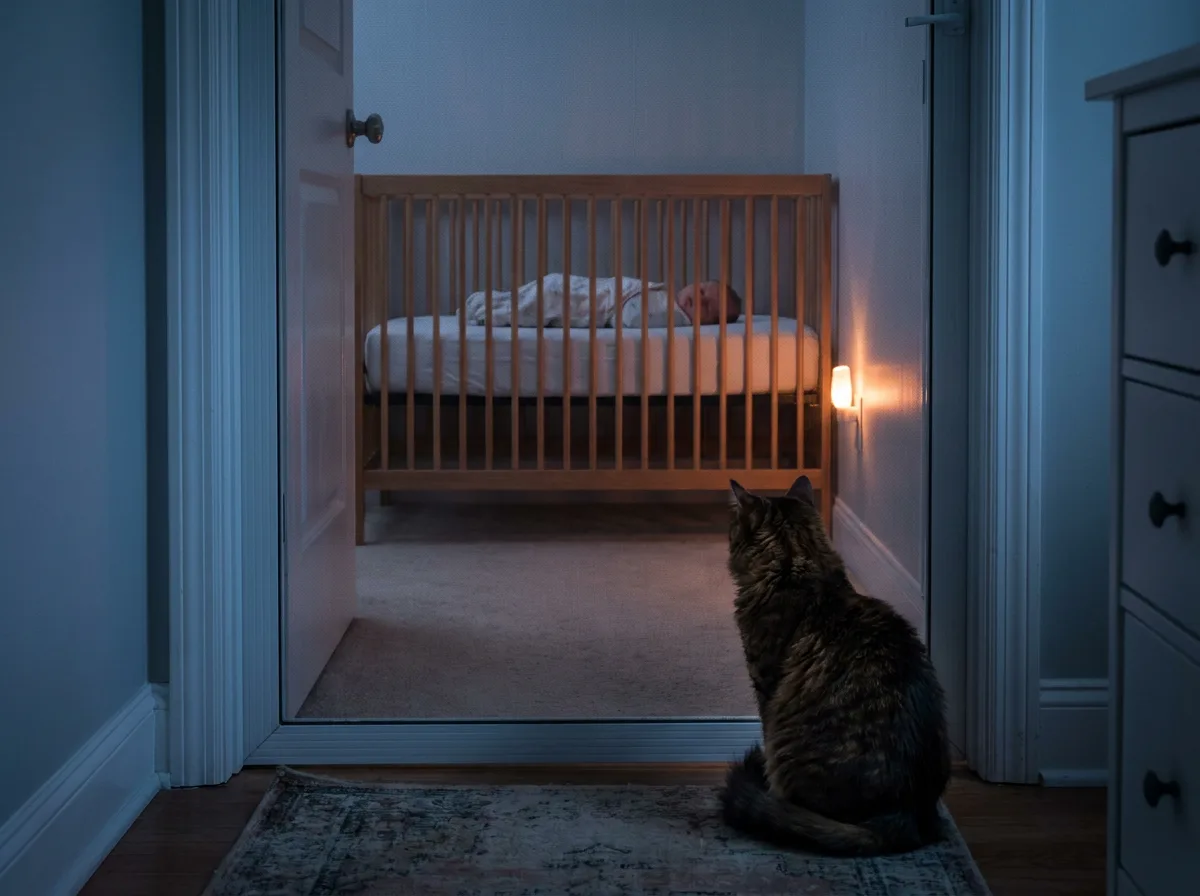 A tabby cat sitting in a hallway outside a nursery doorway at night, with a baby asleep in a crib beyond.
