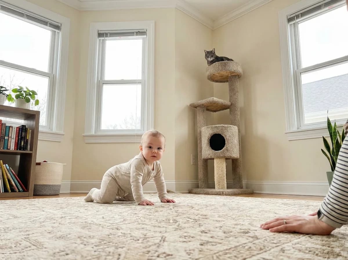 A baby crawling across a rug toward a parent while a gray cat rests on top of a tall cat tree across the room.